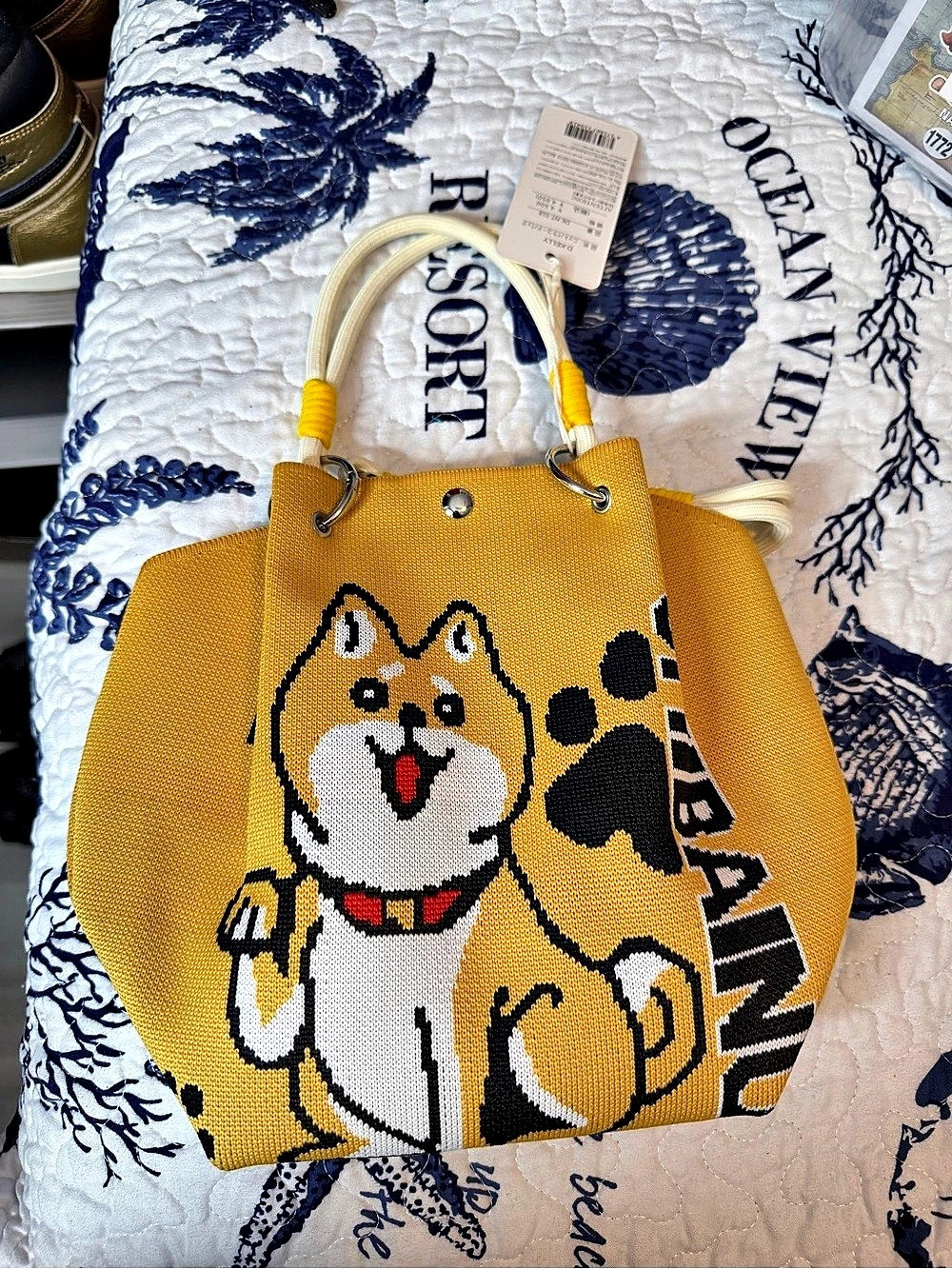 Embroidered Dog Tote in Yellow & Black Like New